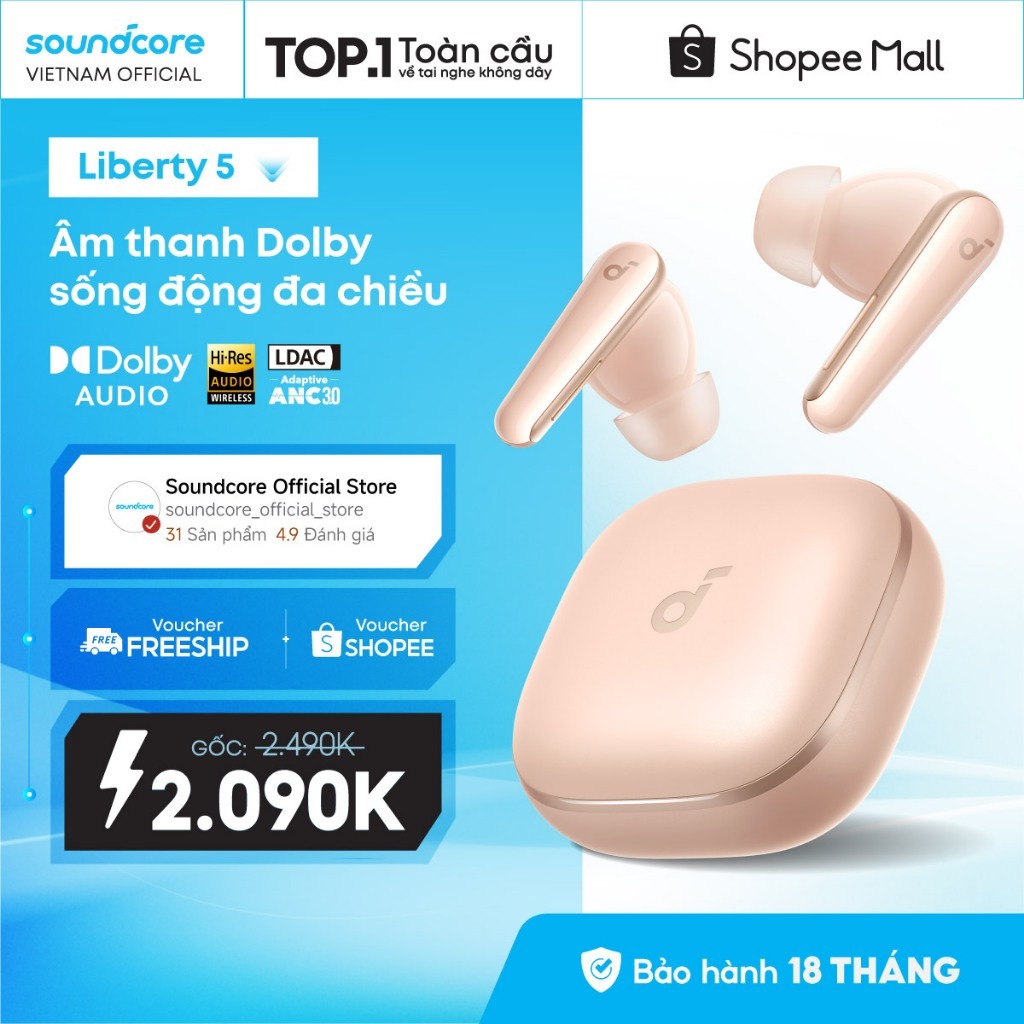 Tai nghe bluetooth soundcore Liberty 5 ANC 3.0 | Pin 48 giờ | Kháng bụi, nước IP55 | Tích hợp phiên dịch