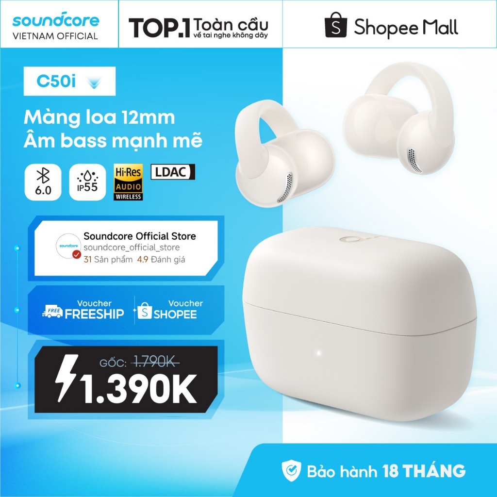 Tai nghe bluetooth Open-Ear Soundcore C50i | Màng loa 12mm | Pin 7h/28h | Bluetooth 6.0| Bảo hành 18 tháng