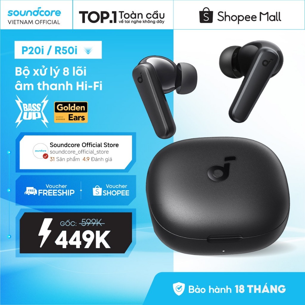 Tai nghe bluetooth soundcore R50i (P20i) siêu nhỏ gọn | 30 giờ phát nhạc | Chống nước IPX5 | Tích hợp phiên dịch