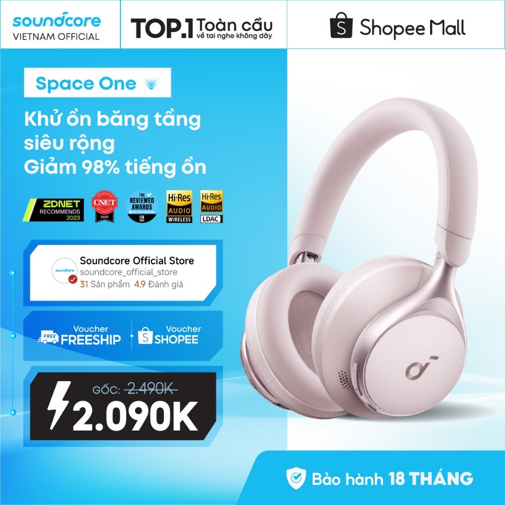 Tai nghe không dây chụp tai soundcore Space One | Âm thanh Hi-res | Giảm ồn 98% | 55h phát nhạc