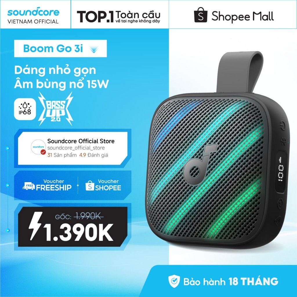 Loa bluetooth Soundcore Boom Go 3i | Pin 24h | Công suất 15W | Đèn LED 6 chế độ