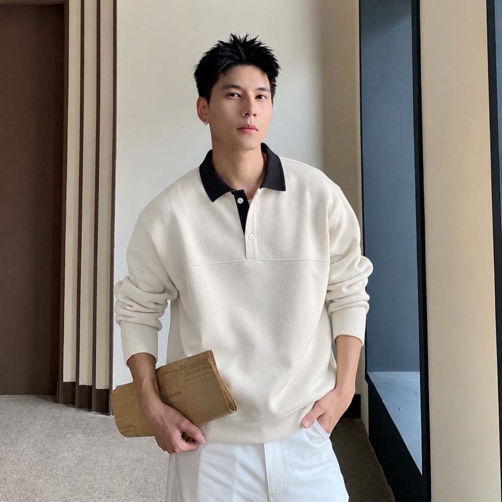 Áo thun nam nỉ cao cấp cổ bẻ polo màu xanh navy dáng rộng tay dài phong cách thường ngày Halley M47