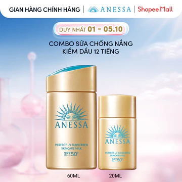 Combo Sữa chống nắng dưỡng da kiềm dầu bảo vệ hoàn hảo Anessa Gold Milk SPF50+ PA++++ 60ml + 20ml