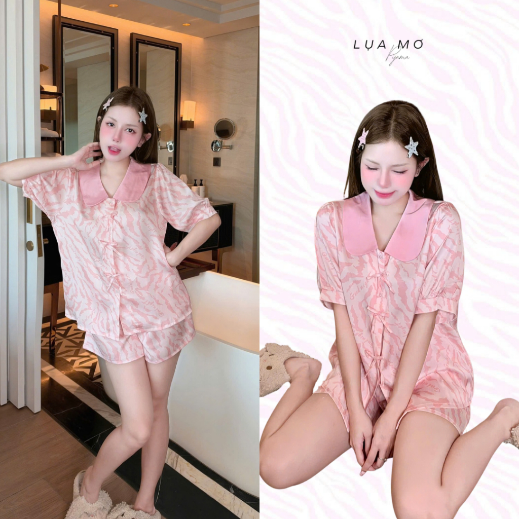 Set Đùi Pijama Tiểu Thư Cổ Bèo Phối Nơ Họa Tiết Dễ Thương Vải Lụa Latin Cao Cấp - Đồ bộ Lụa Mơ LM316