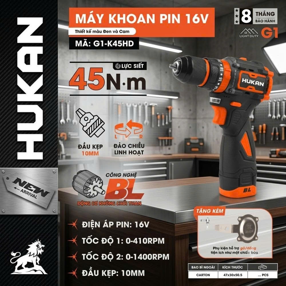 Máy khoan pin HUKAN G1-CDDL1603, G1-K45HD 45Nm và G1-XC5 50Nm, 3 chức năng, Đầu 10mm, Không chổi than