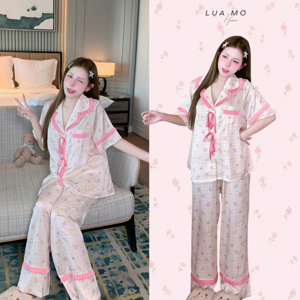 Pijama Tiểu Thư Tay Ngắn Cổ Áo Lụa Dập Ly Phối Nơ Vải Lụa Latin Cao Cấp - Đồ bộ Lụa Mơ LM322