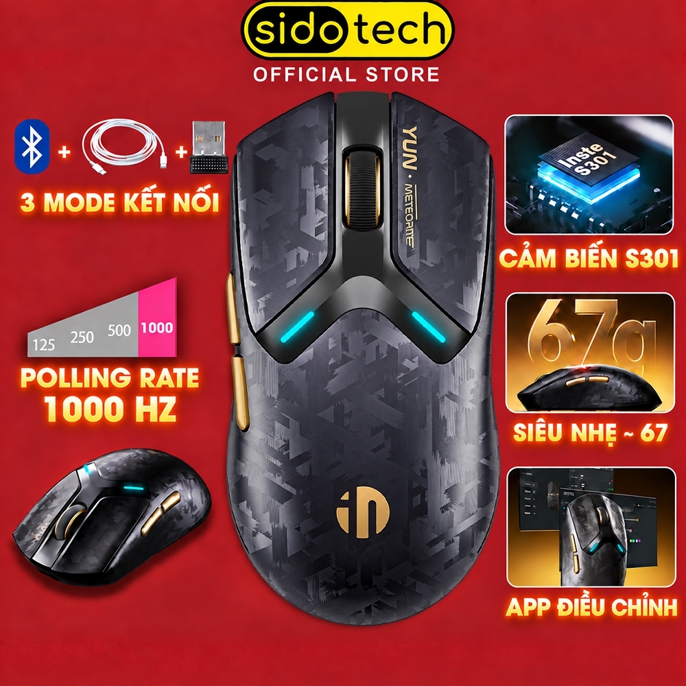 Chuột gaming không dây SIDOTECH INPHIC YUN Carbon bluetooth 3 mode wireless 2.4g siêu nhẹ 67g chip S301 1000hz