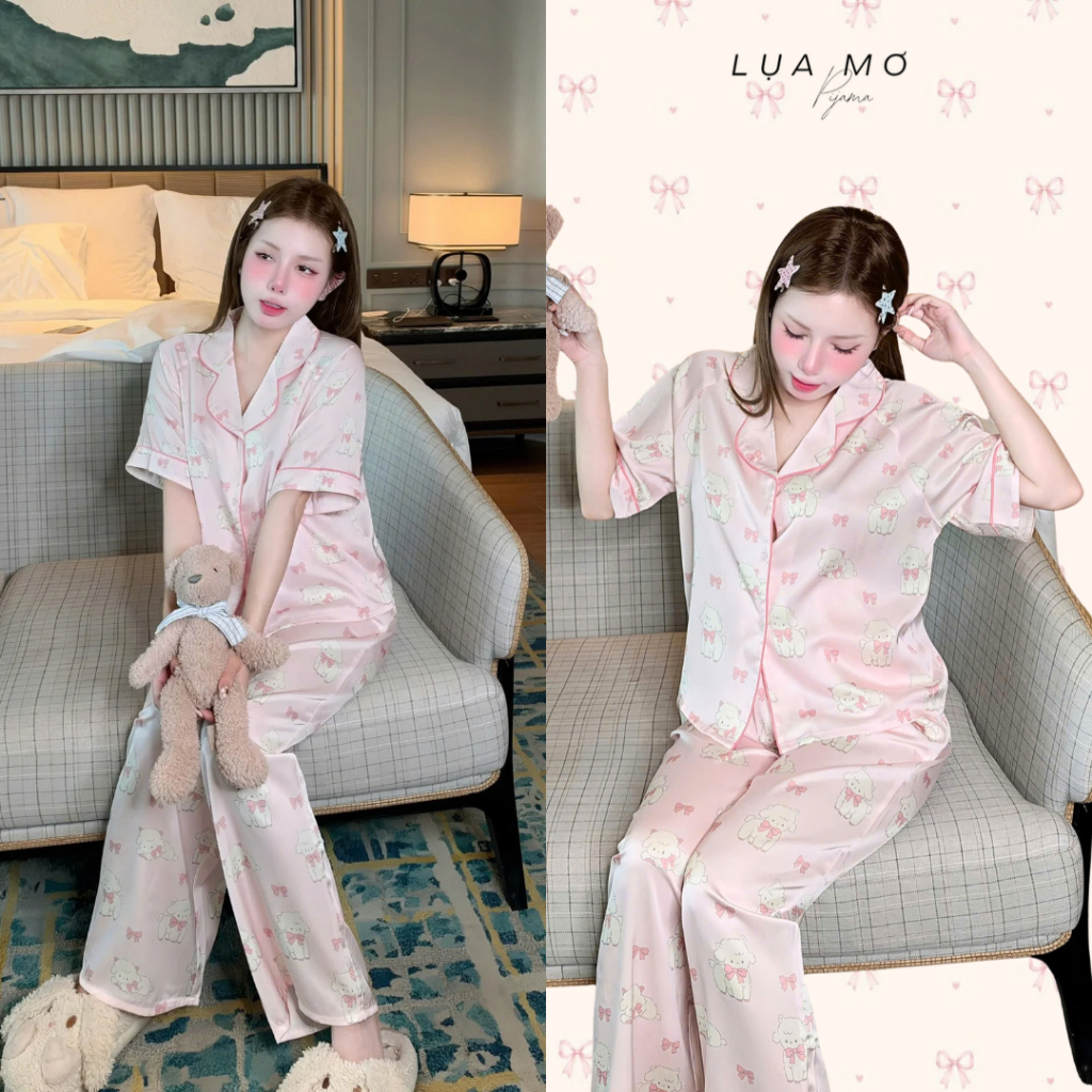 Pijama Tiểu Thư Tay Ngắn Form Crop Phối Viền Vải Lụa Latin Cao Cấp - Đồ bộ Lụa Mơ LM304