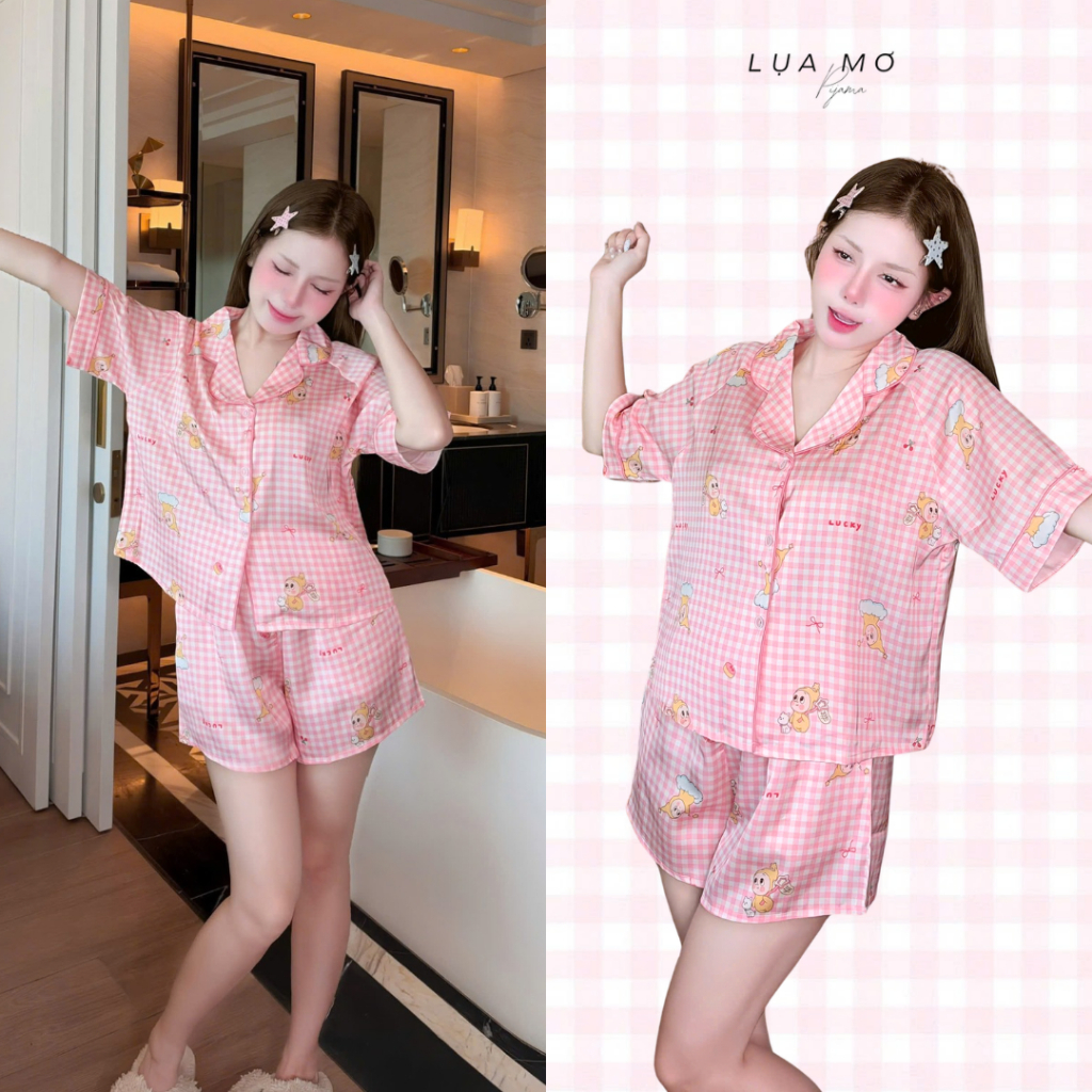 Pijama Đùi Tiểu Thư Form Crop Phối Viền Họa Tiết Vải Lụa Latin Cao Cấp - Đồ bộ Lụa Mơ LM298