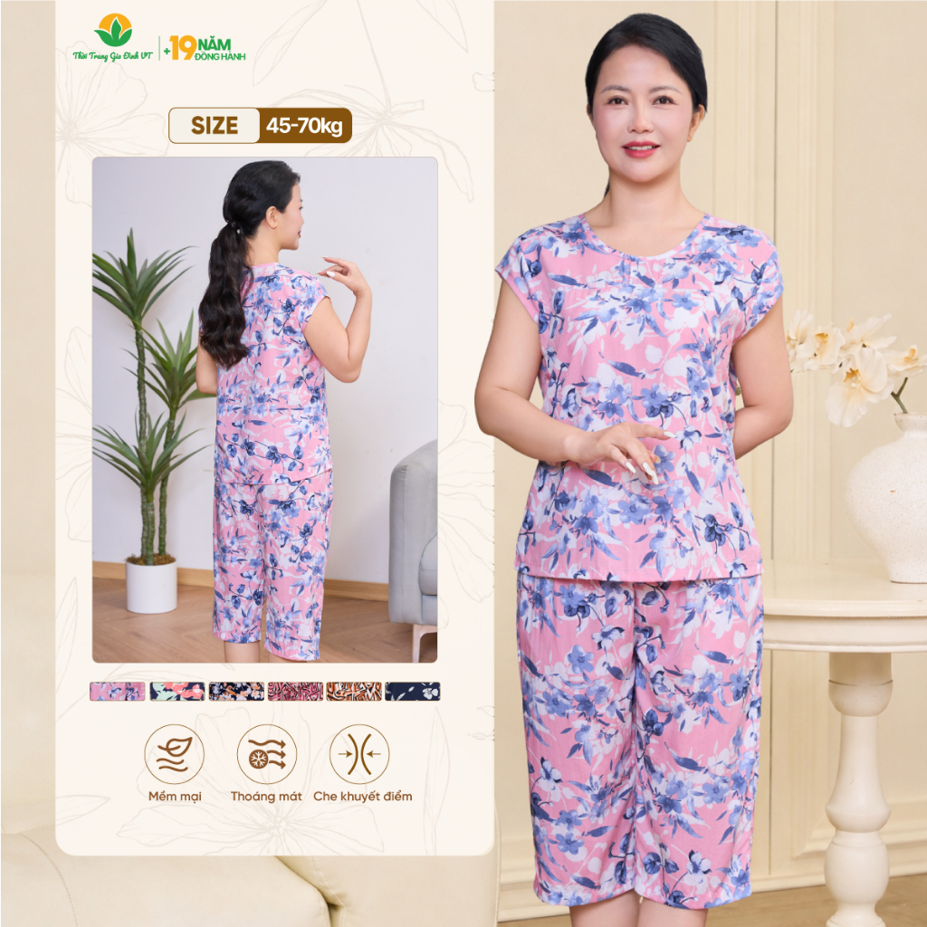 Bộ trung niên mặc nhà lanh tole Việt Thắng quần lửng áo cộc tay hoa thoáng mát mùa hè - B06.6024