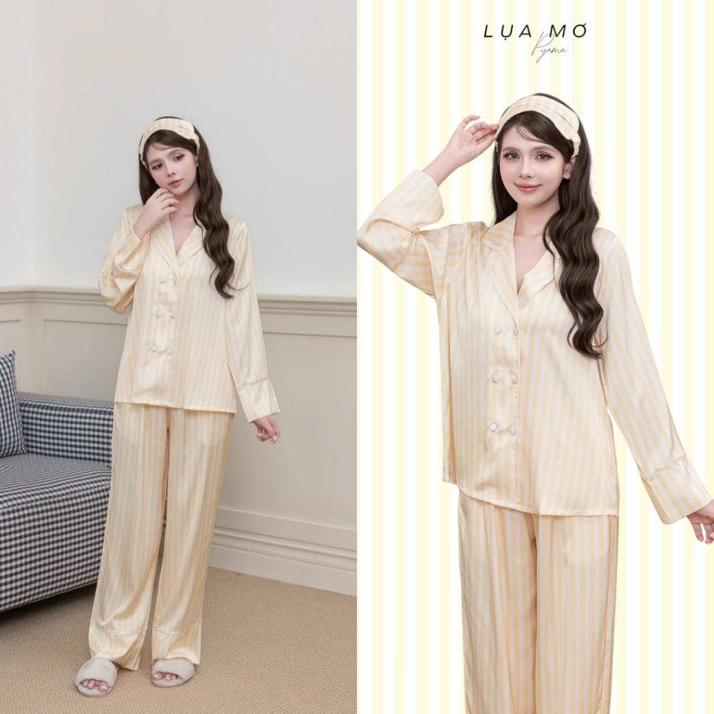 [Đặt trước] Pijama Tiểu Thư Form Vest Họa Tiết Sọc Vàng Pastel Tặng Bịt Mắt Vải Lụa Latin Cao Cấp - Đồ bộ Lụa Mơ LM1008