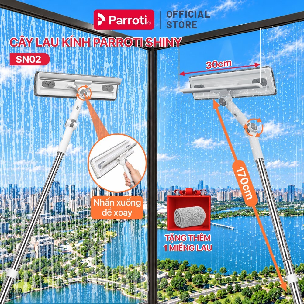 Cây Lau Kính Gạt Nước 2 Trong 1 Đa Năng Parroti Mẫu 2026, Khớp Xoay Linh Hoạt, Cán Inox 170cm Điều Chỉnh Độ Dài - SN02