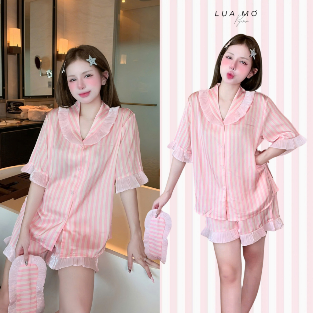 Set Đùi Pijama Phối Voan Nhiều Họa Tiết Vải Lụa Latin Cao Cấp - Đồ bộ Lụa Mơ LM323