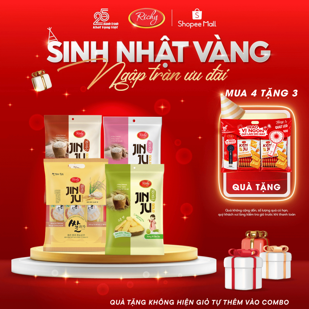 [MUA 4 TẶNG 3]  Tổng 4 gói bánh gạo Hàn Quốc Jinju Richy vị cốm sữa ganjang mật ong và bò nướng tiêu