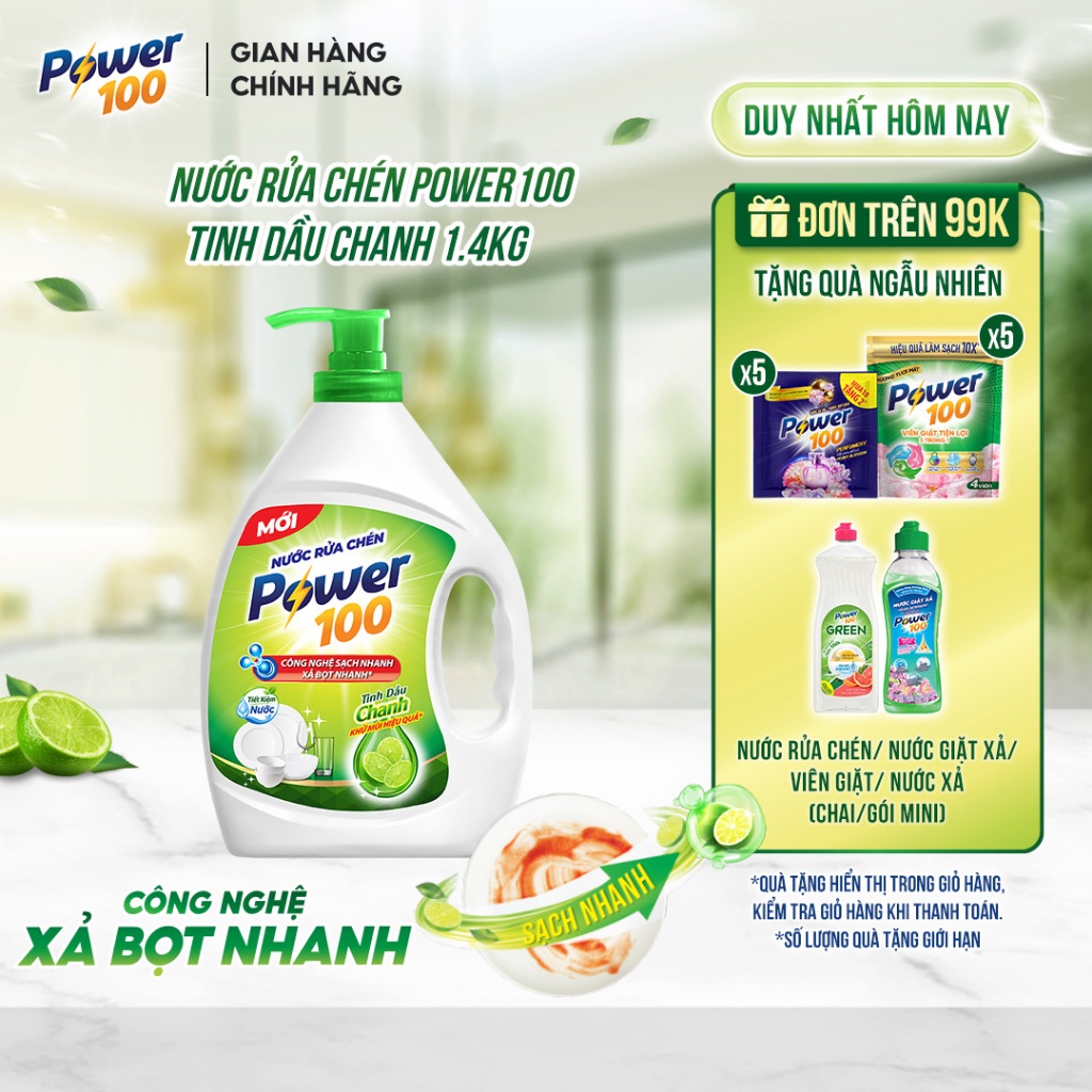 [MUA LÀ CÓ QUÀ DEAL SIÊU HỜI] Nước rửa chén POWER100 Tinh dầu chanh 1.4kg