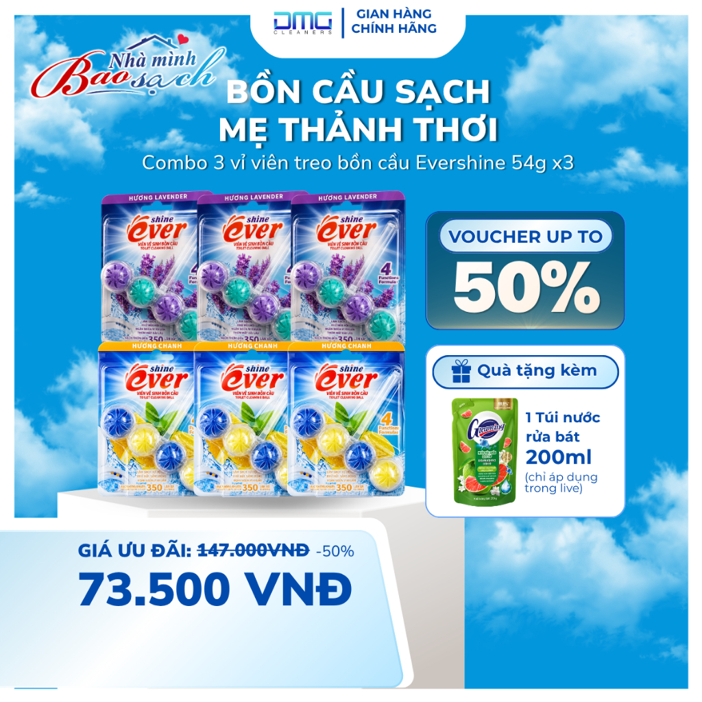Viên Treo Bồn Cầu Khử Mùi Evershine 54gx3 Tặng 1 Túi Rửa Bát Cao Cấp – Thơm Lâu, Sạch Khuẩn