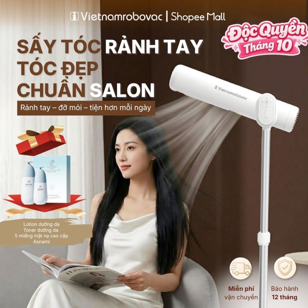 Máy sấy tóc rảnh tay Vietnamrobovac A1D - Nâng cấp trải nghiệm sấy tóc rảnh tay, Cửa gió kép sấy nhanh+ ion âm dưỡng tóc