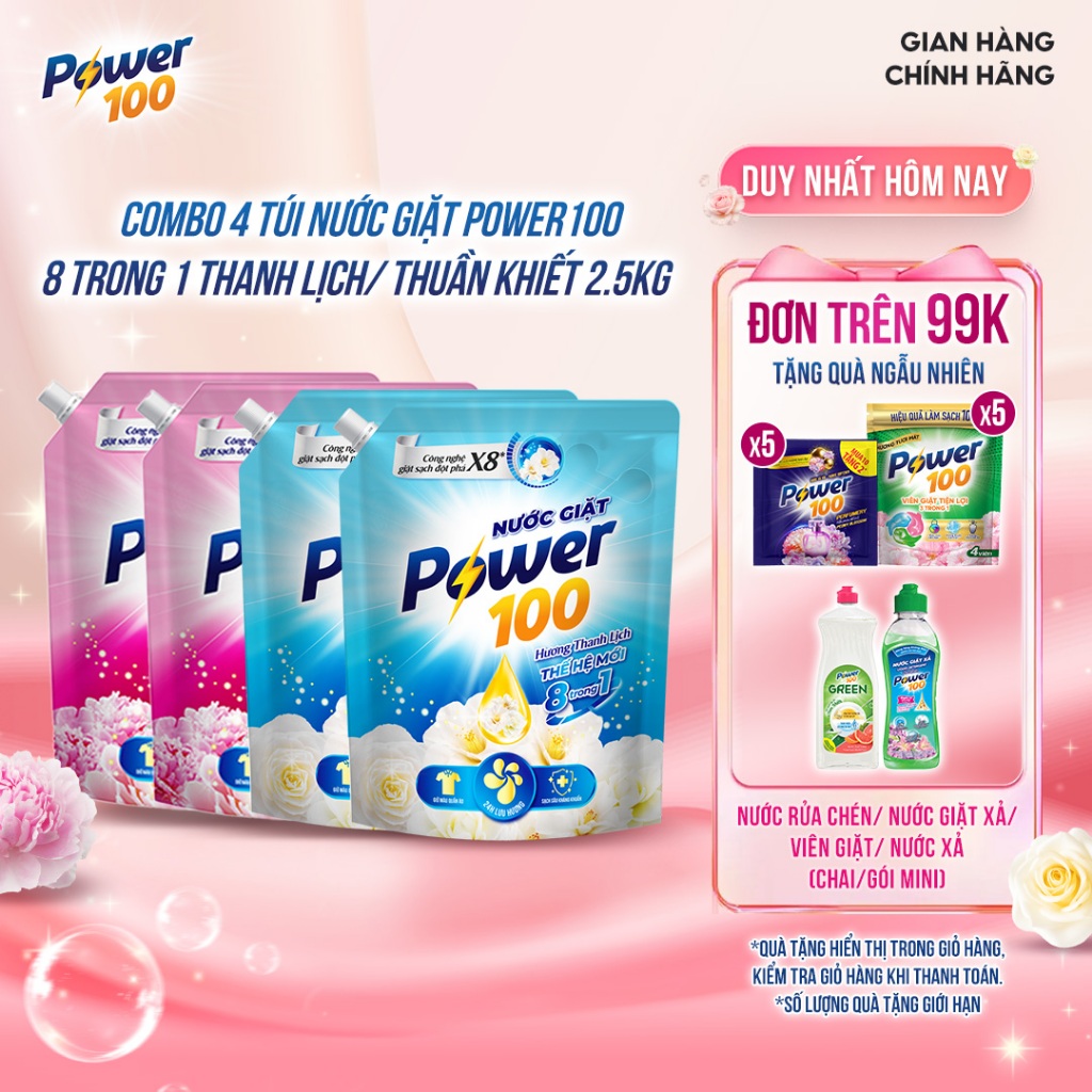[MUA LÀ CÓ QUÀ DEAL SIÊU HỜI] Combo 4 túi Nước giặt Power100 8 trong 1 túi 2.5kg