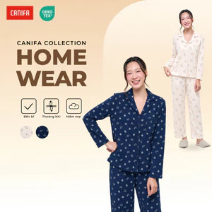 Bộ Pyjama nữ CANIFA họa tiết xinh xắn, áo cổ bẻ dài tay phối quần dài có túi nhỏ tiện dụng 6LS26W007