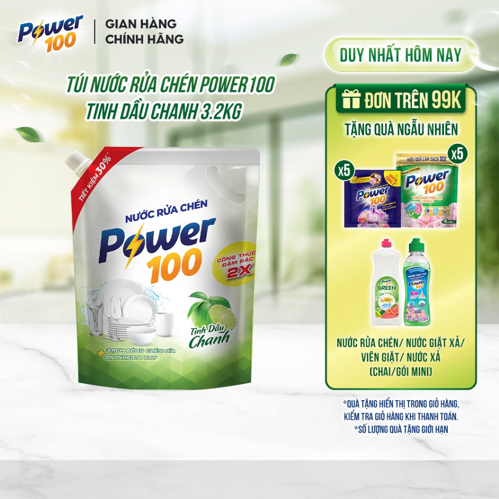 [MUA LÀ CÓ QUÀ DEAL SIÊU HỜI] Nước rửa chén POWER100 Tinh dầu chanh 3.2kg