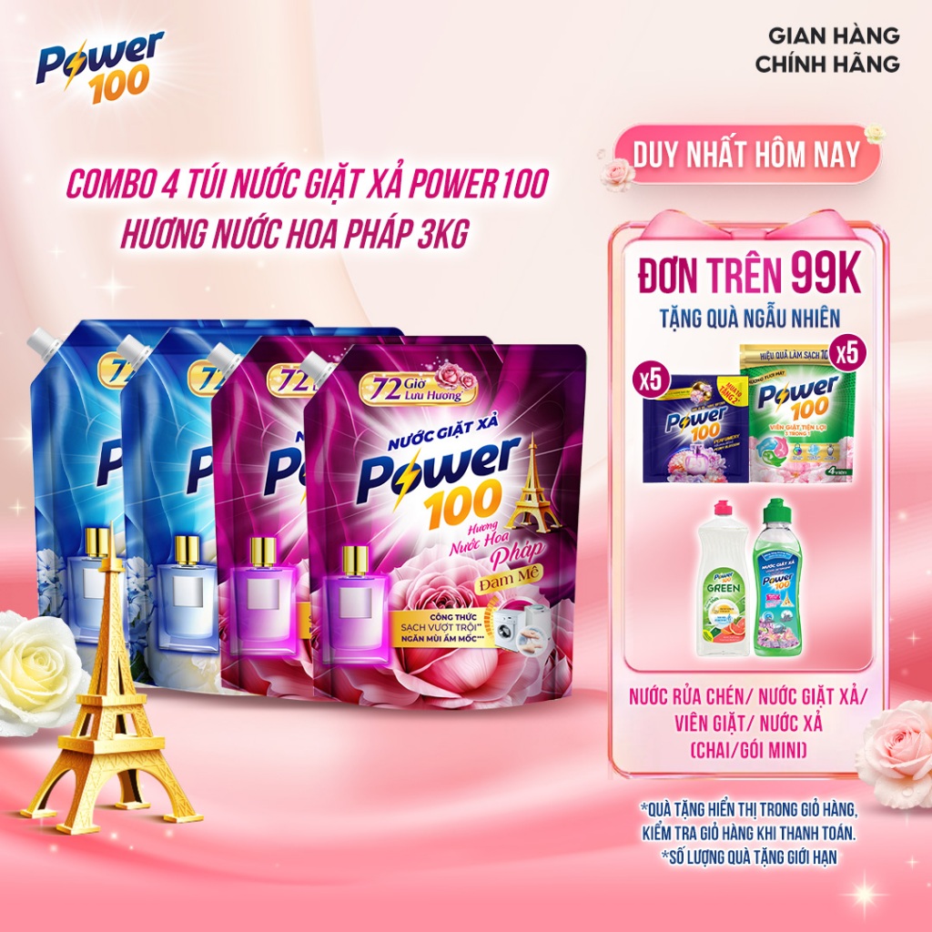 [MUA LÀ CÓ QUÀ DEAL SIÊU HỜI] Combo 4 túi Nước Giặt Xả Power100 Hương Nước Hoa Pháp 3KG (TÚI)