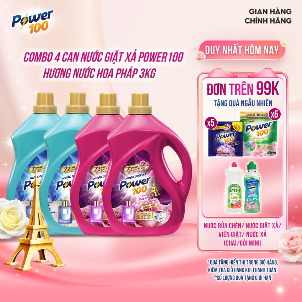 [MUA LÀ CÓ QUÀ DEAL SIÊU HỜI]  Combo 4 can Nước Giặt Xả Power100 Hương Nước Hoa Pháp 3KG (CAN)