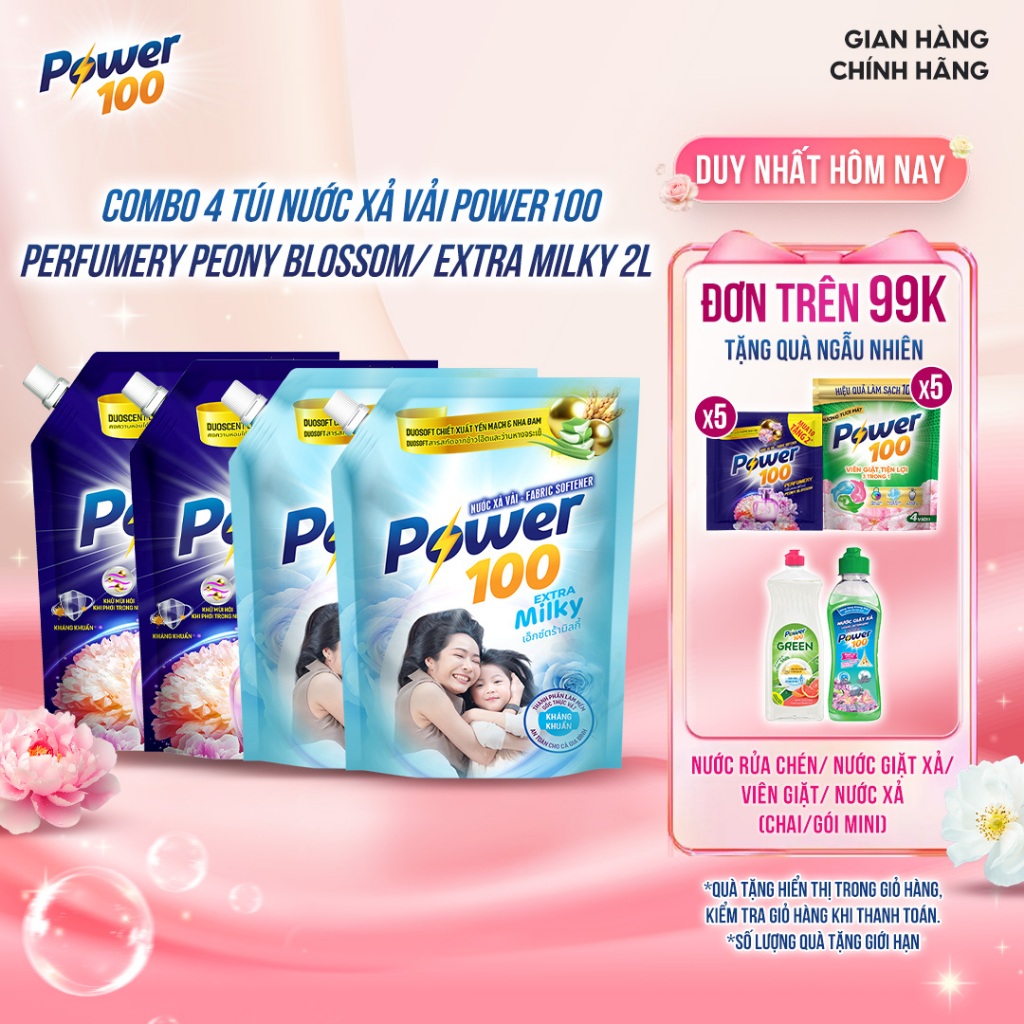 [MUA LÀ CÓ QUÀ DEAL SIÊU HỜI] Combo 4 Nước xả vải Power100 Perfumery Peony Blossom/ Extra Milky 2L