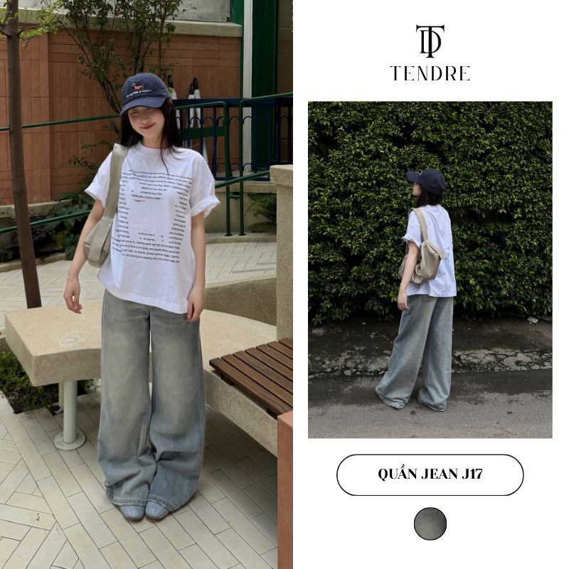 TENDRE - Quần Jean Nữ Ống Suông Cạp Vừa Wash Bạc Tôn Dáng, Quần Bò Ống Rộng Tua Rua Gấu Style Ulzzang Dễ Phối Đồ J17