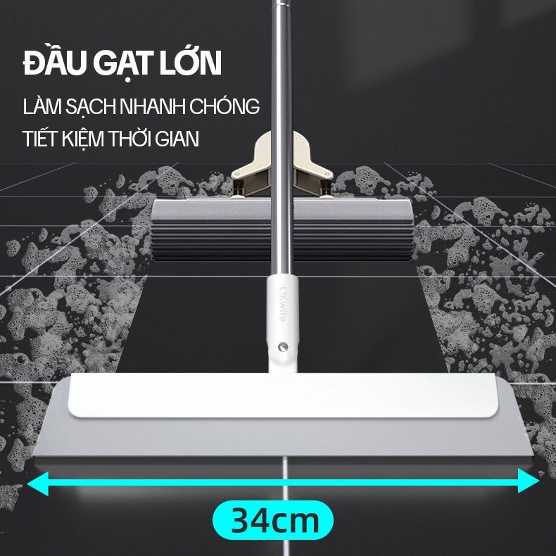 Cây gạt nước sàn nhà OKwife AGW-4477 34cm, lưỡi EVA mềm, quét tóc gom bụi, cán inox 93cm | BigBuy360 - bigbuy360.vn