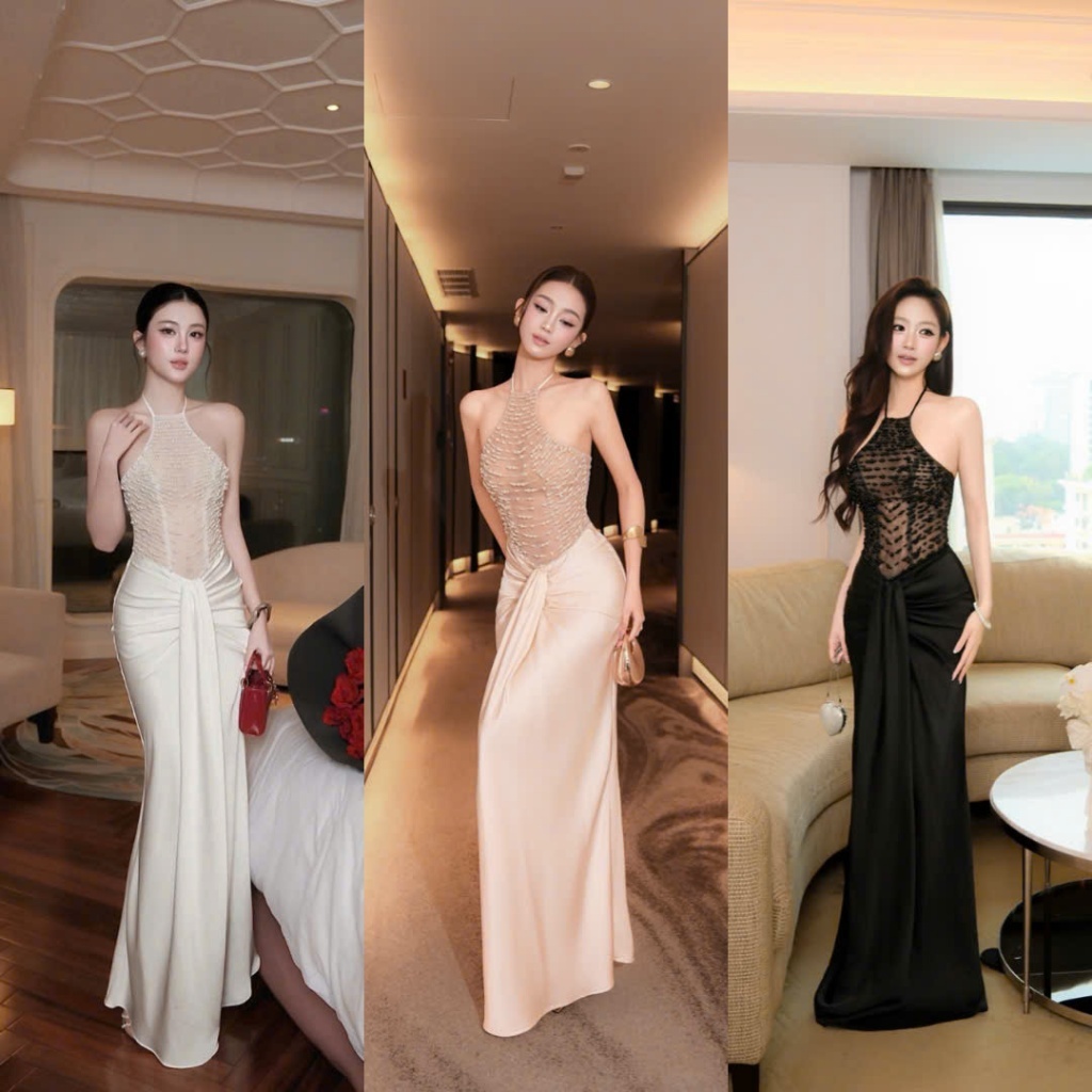 Đầm Cổ Yếm Đính Ngọc Xuyên Thấu Phối Chân Váy Lụa Sang Chảnh Quyến Rũ