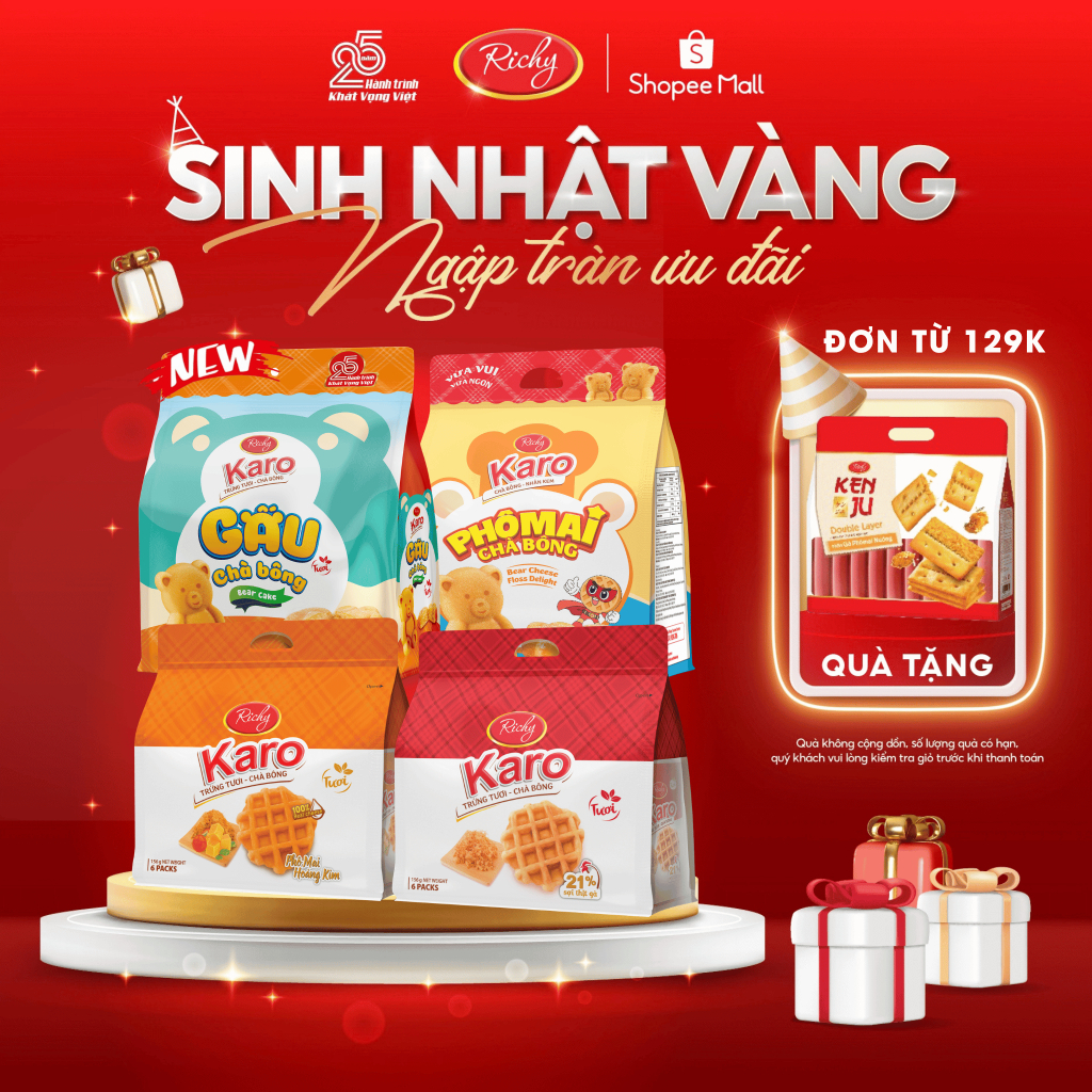 [TẶNG QUÀ ĐƠN TỪ 129K] Combo 4 bịch bánh Karo Richy trứng tươi chà bông sợi gà, phô mai hoàng kim