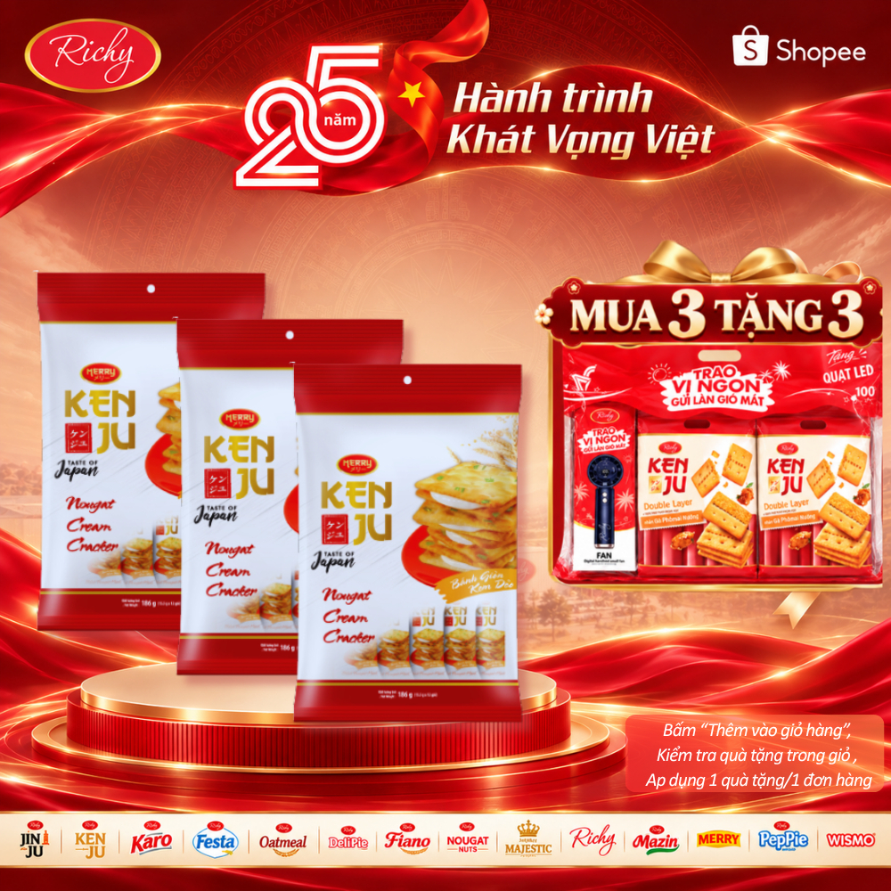 [HỎA TỐC HN] [MUA 3 TẶNG 3 QUÀ] Combo 3 Túi Bánh Richy Kenju Kem Dẻo 186gr Nhân Nougat Hành Kéo Sợi