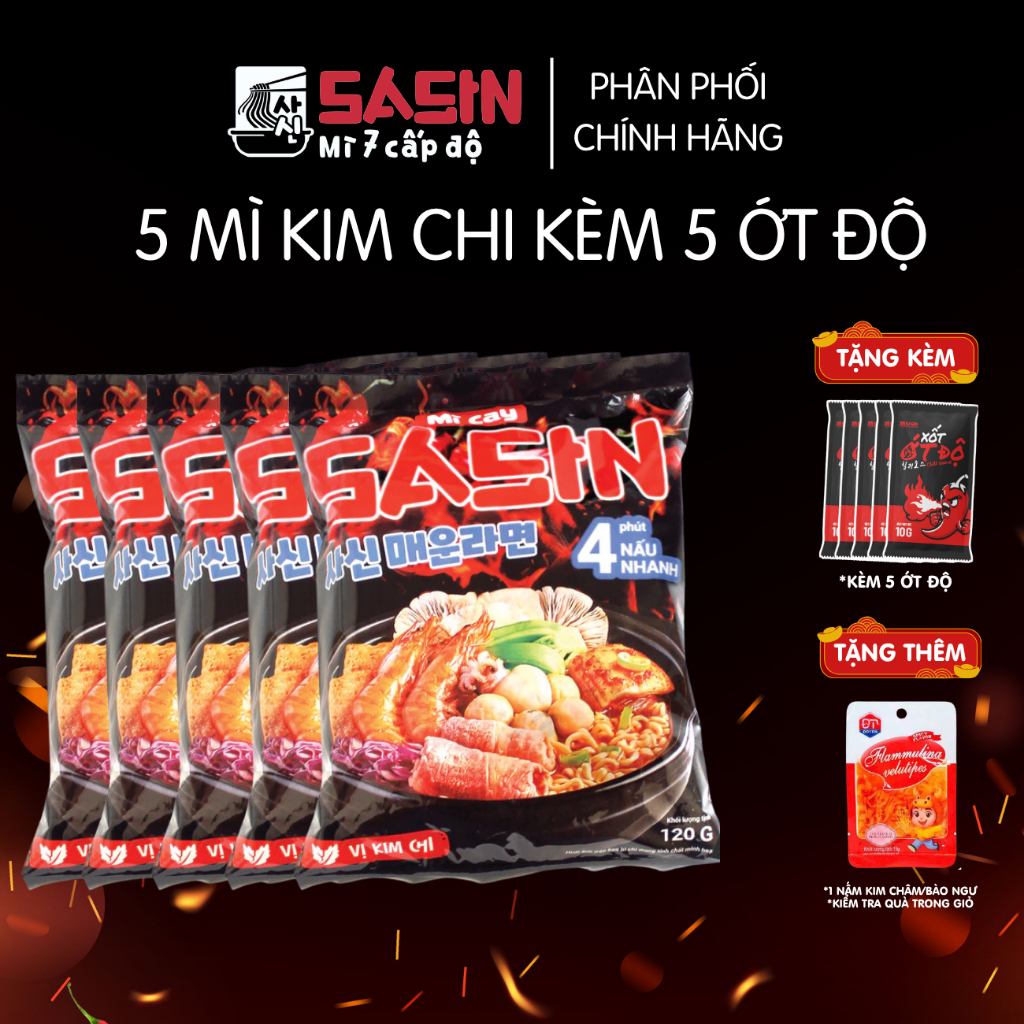 Combo 5 gói mì cay Sasin vị KIM CHI 120g + 5 gói xốt ớt độ 10g