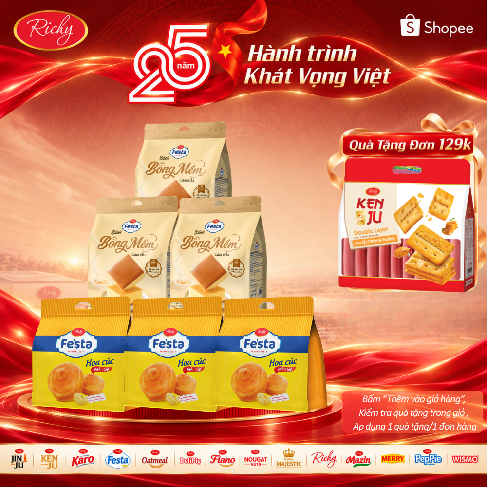 [HỎA TỐC HN] [Quà Tặng Đơn 129k] Combo 6 Túi Bánh Mì Hoa Cúc Fe'sta Richy & Bánh Bông Mềm Castella