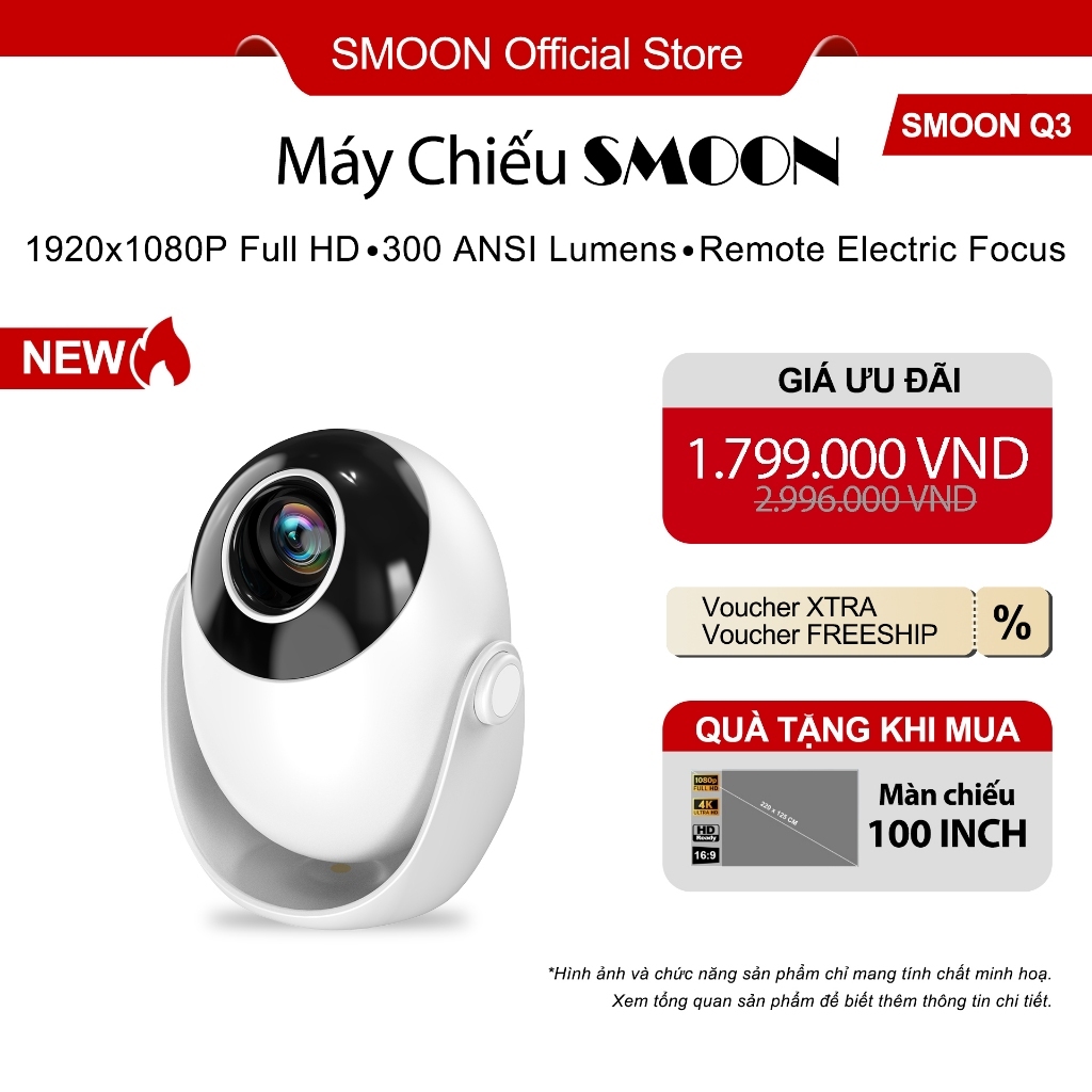 [TẶNG MÀN] Máy Chiếu Mini SMOON Q3 Thông Minh Gọn 1080P FULL HD Kèm Loa 5W HIệu Chỉnh Keystone Lấy Nét Nhanh Qua Remote
