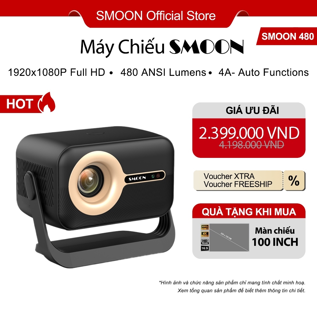[TẶNG MÀN] Máy Chiếu Thông Minh FULL HD 1080P Lấy Nét Tự Động SMOON 480 Màu Đen Loa 5W Android 14 Google LCD TV YouTube