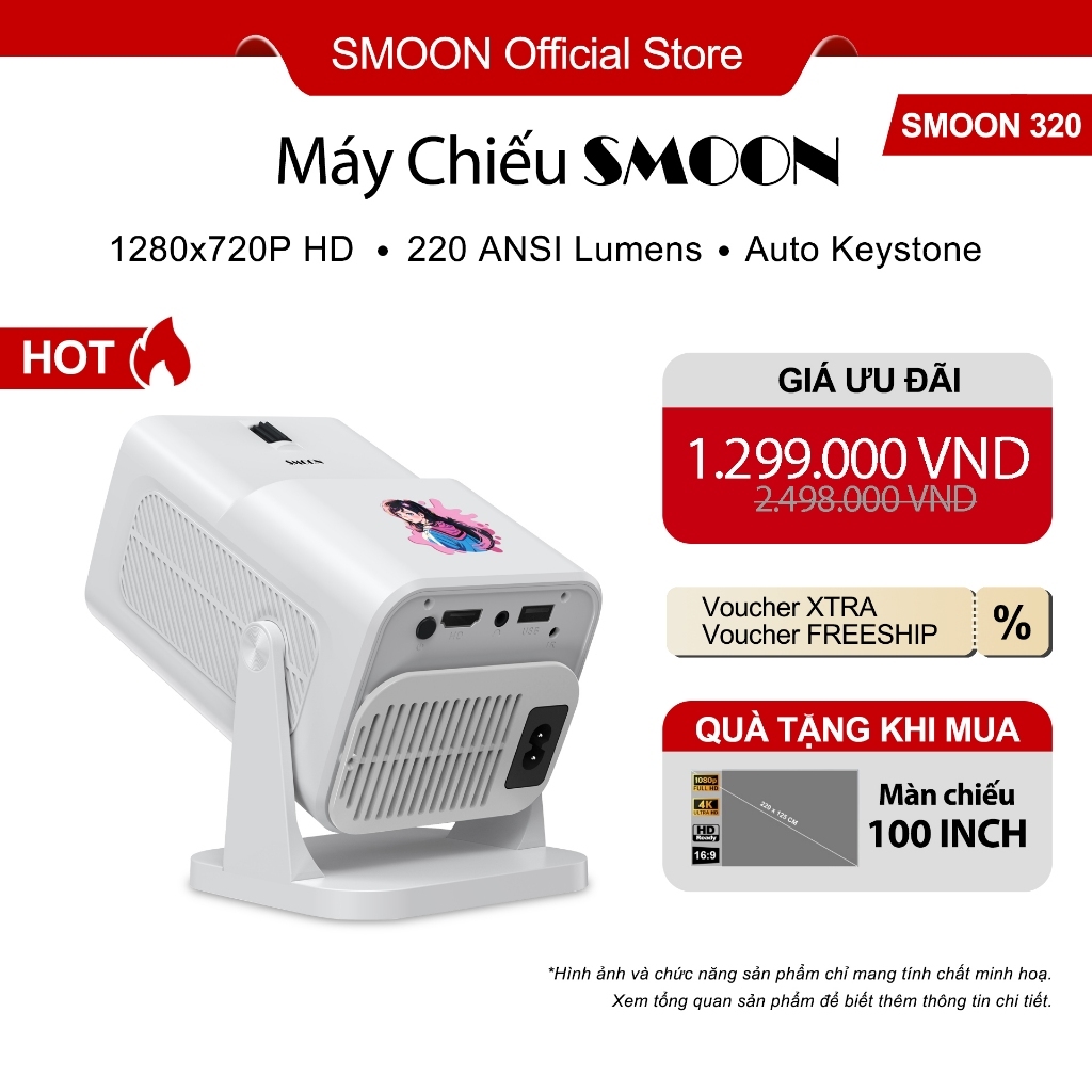 [TẶNG MÀN] Máy Chiếu Thông Minh SMOON 320 Độ Sáng 220 ANSI Lumen Loa 3W 720P HD Android Google LCD TV YouTube Netflix