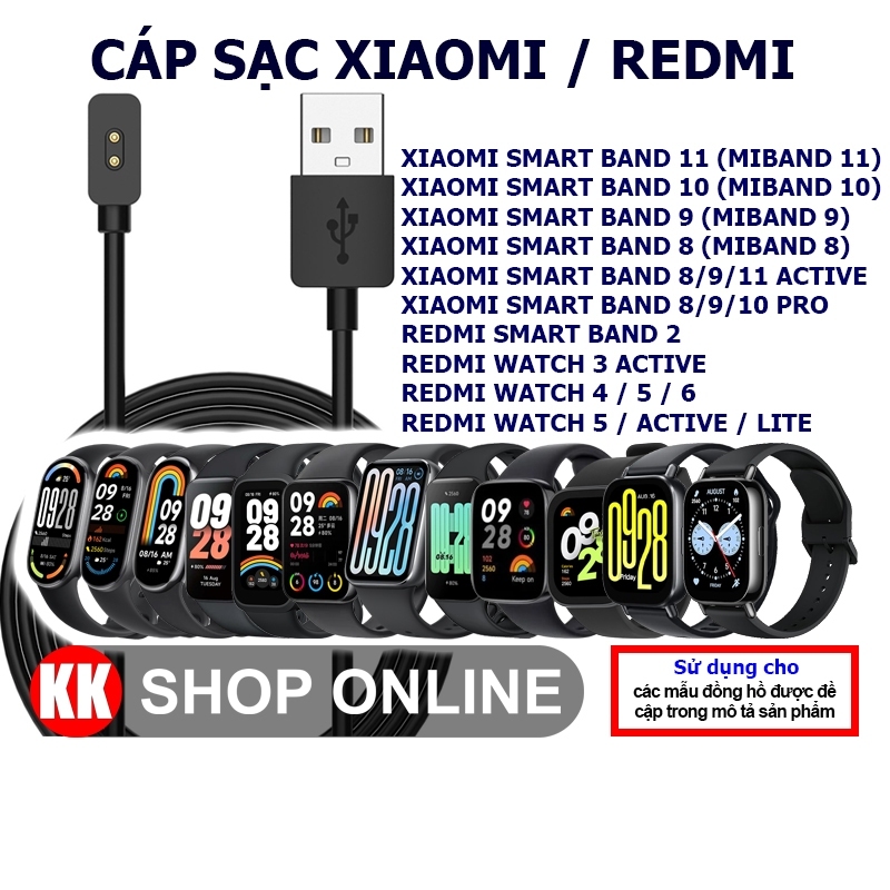 Cáp sạc Xiaomi Smart Band 11 / 10 / 9 / 8 / Active / Pro / Redmi Band 2 / Watch 3 Active / 4 / 5 / 6 / Active / Lite