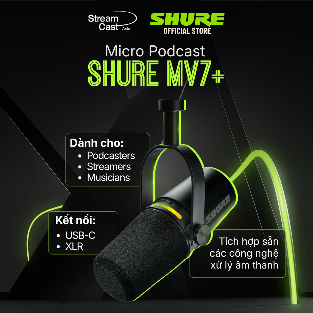 Micro thu âm Shure MV7+ dành cho Podcast, Livestream, bảng điều khiển LED, đầu ra USB-C và XLR, được chứng nhận OBS