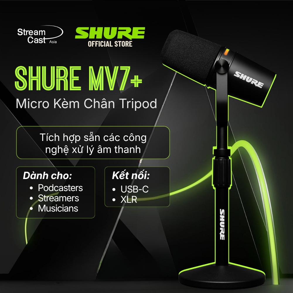 Bộ micro thu âm Shure MV7/ MV7+ , kèm chân tripod màu đen - chuyên podcast- cổng USB & XLR - Bảo hành 2 năm