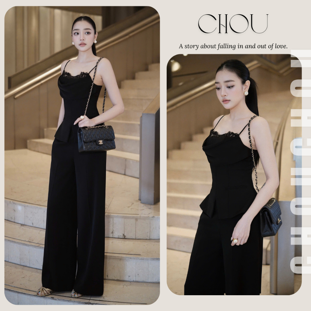Set Áo Hai Dây Cổ Đổ Phối Ren Mi Vạt Peplum Kèm Quần Tây Ống Suông Rộng Hack Chân Dài Chuẩn CHOU CHOU, Set Đồ Sang Trọng
