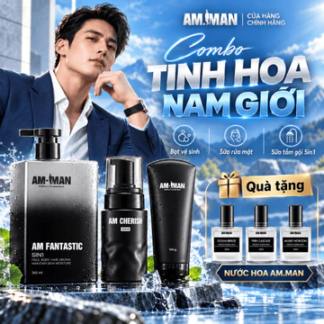 (Tặng nước hoa) Combo AM.MAN Sữa tắm gội nam 5in1 365ml & Gel rửa mặt AM AGERASIA 100ml & Bọt vệ sinh nam 120ml