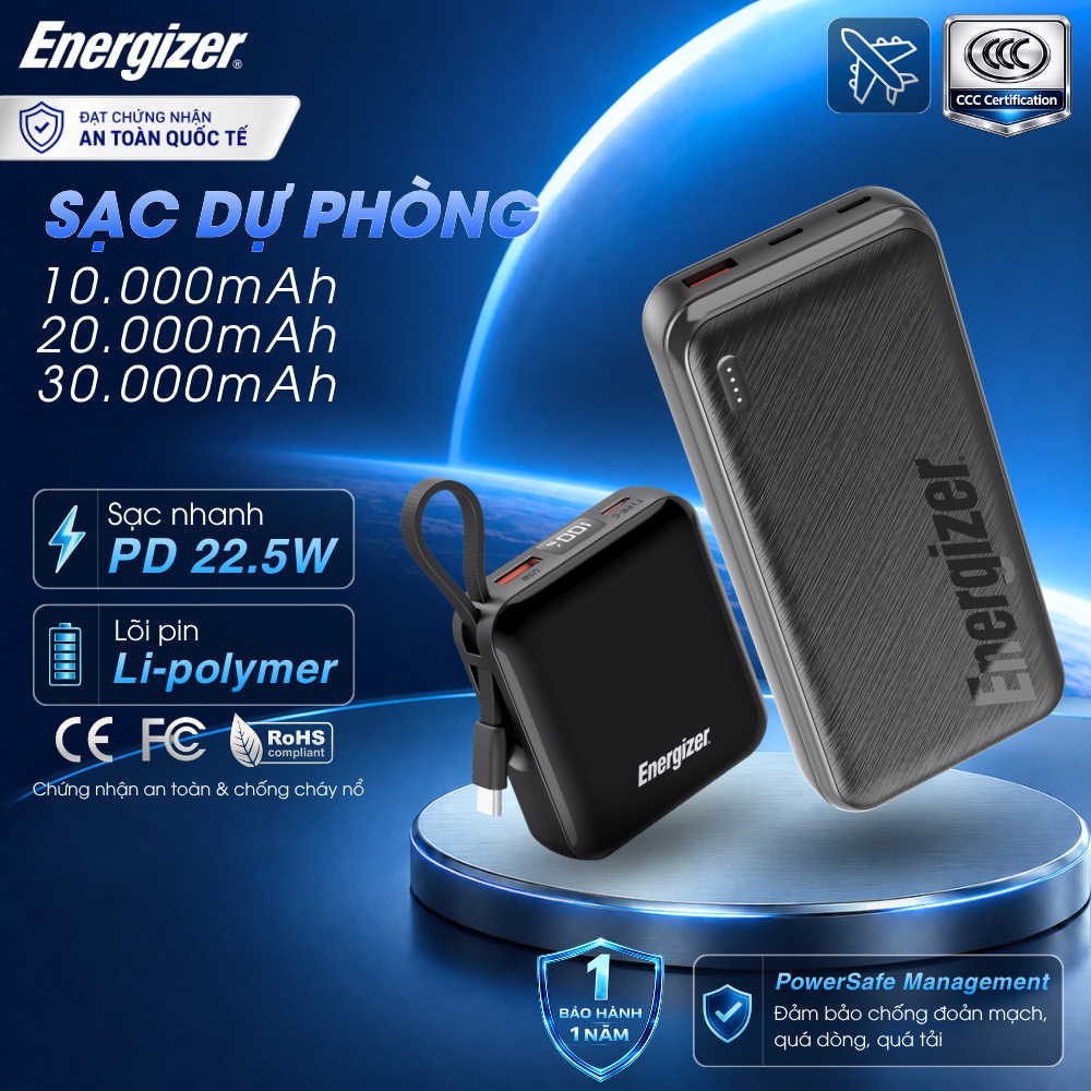Pin Sạc Dự Phòng Energizer Li-polymer 10000mAh/ 20000mAh/ 30000mAh Sạc Nhanh PD Cho iPhone/ Samsung, BH Chính Hãng 1 Năm