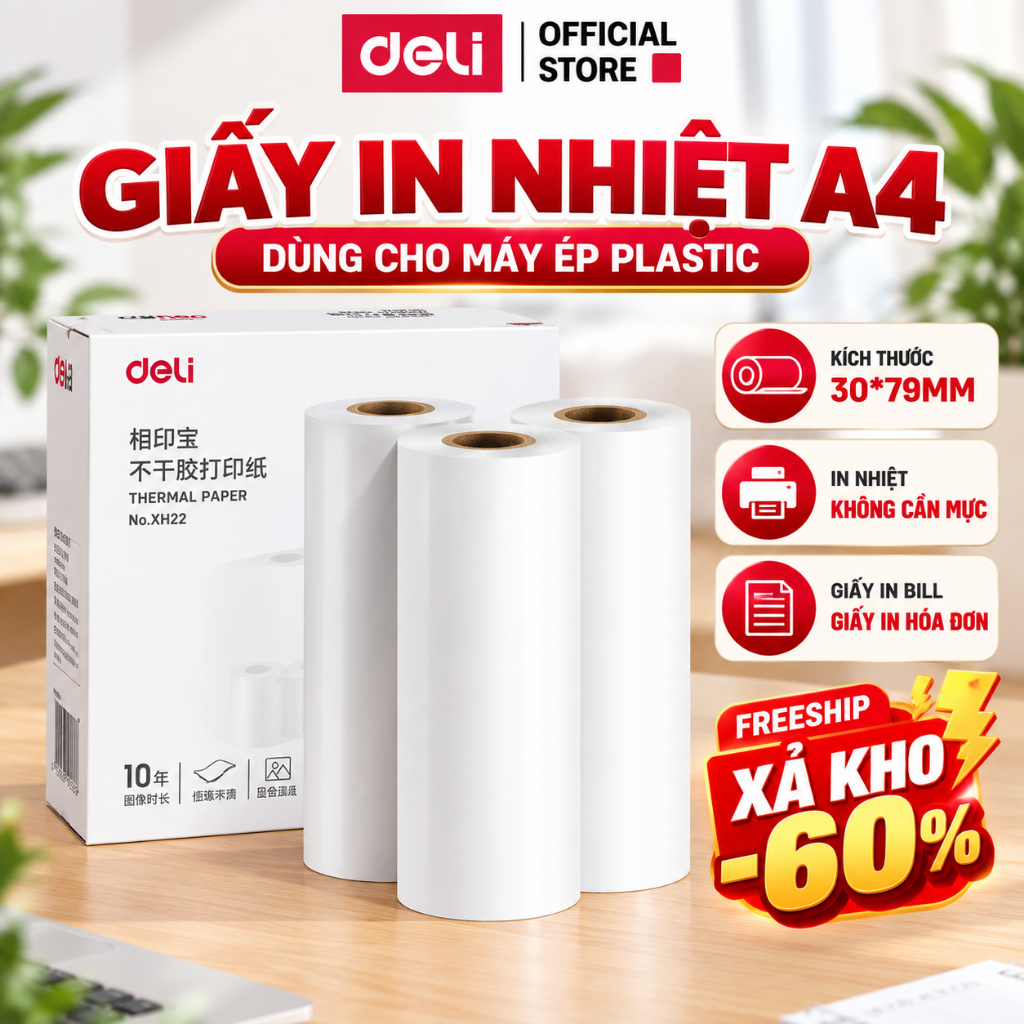 (GIẢM 60%) Giấy In Nhiệt A4 Deli Tự Dính Dạng Cuộn Deli Giấy In Tài Liệu Học Tập Văn Phòng