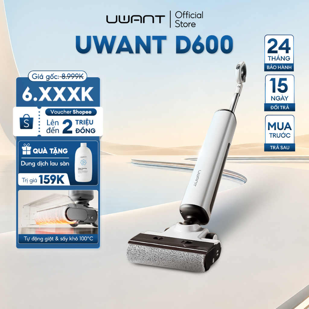 Máy hút bụi lau sàn toàn diện Uwant D600-Tự giặt bằng nước nóng-Tự sấy khô diệt khuẩn với hồng ngoại