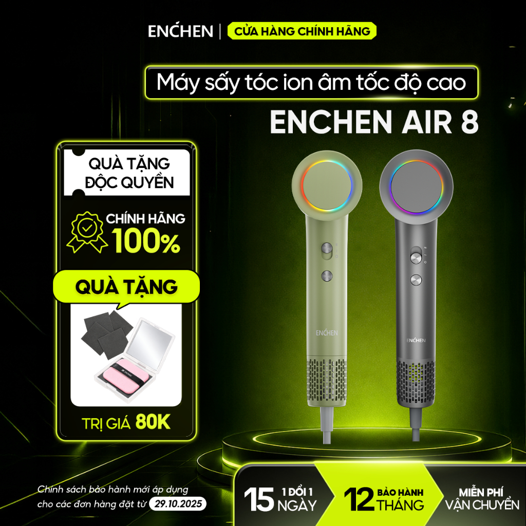 Máy sấy tóc tốc độ cao Enchen Air8 - 8 chế độ sấy linh hoạt 1500W - bảo vệ chăm sóc tóc - BH 12 tháng