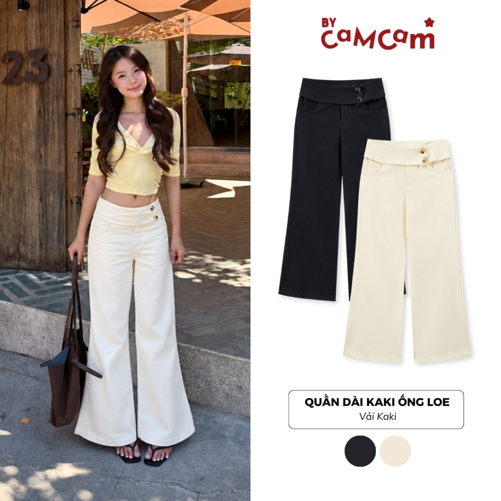 Quần Dài Kaki Ống Loe 𝑩𝒚𝒄𝒂𝒎𝒄𝒂𝒎 Phối Cạp Bản Lớn Có Cúc Cài Trendy QTD566