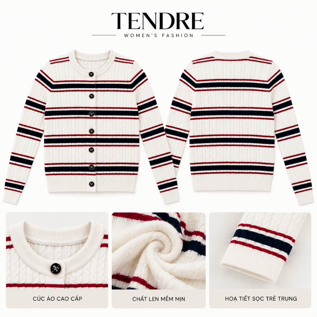 TENDRE - Áo Cardigan Len Nữ Vặn Thừng Phối Sọc Ngang, Áo Len Cài Cúc Cổ Tròn Tay Dài Form Rộng Thanh Lịch Dễ Phối Đồ B63