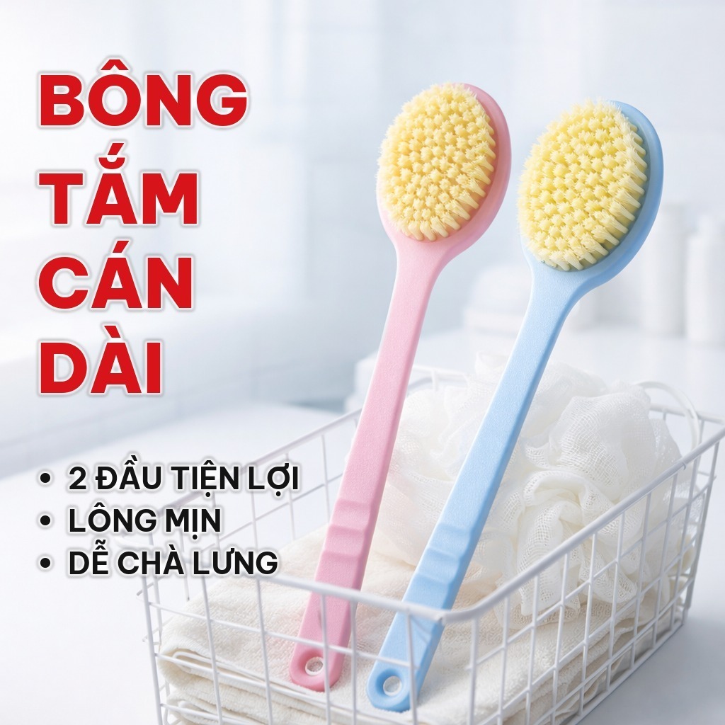 Bông Tắm Cán Dài 2 Mặt, Cây Bông Tắm Cọ Lưng Vải Lưới Mềm Mại, Bàn Chải Lông Mịn Tẩy Tế Bào Chết Nhẹ Nhàng