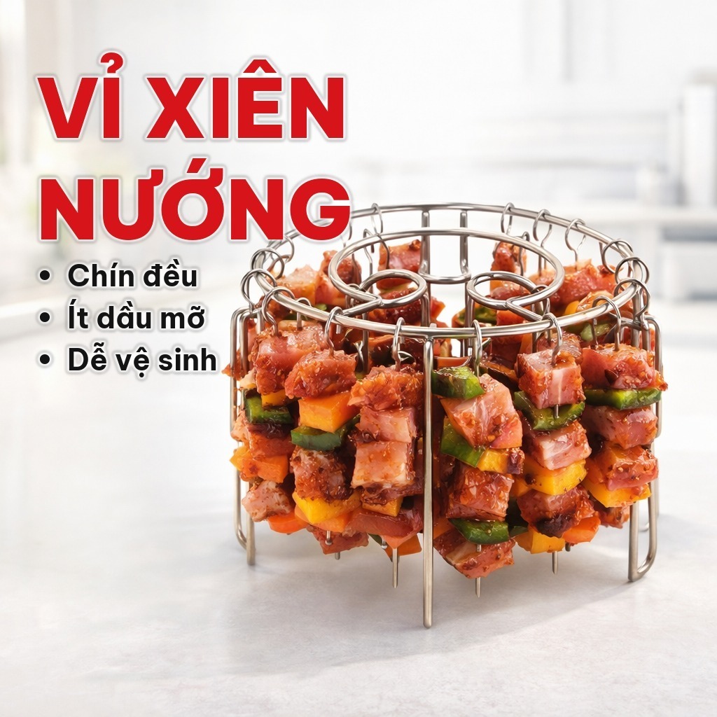 Vỉ Treo Thịt Xiên Nướng Kèm 24 Cây Xiên, Bộ Xiên Thịt Inox 304 Dùng Cho Nồi Chiên Không Dầu, Dễ Vệ Sinh, Giúp Chín Đều